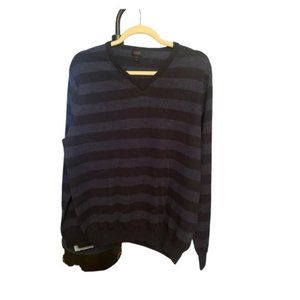 J.Crew Women's S 100% Merino Wool V-Neck Navy Blue Black Sweater Striped Preppy